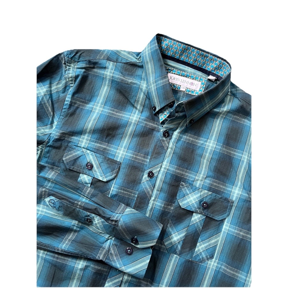 JOHN LENNON Mens Turquoise‎ Plaid Check Button Up Shirt Large Grunge Skater